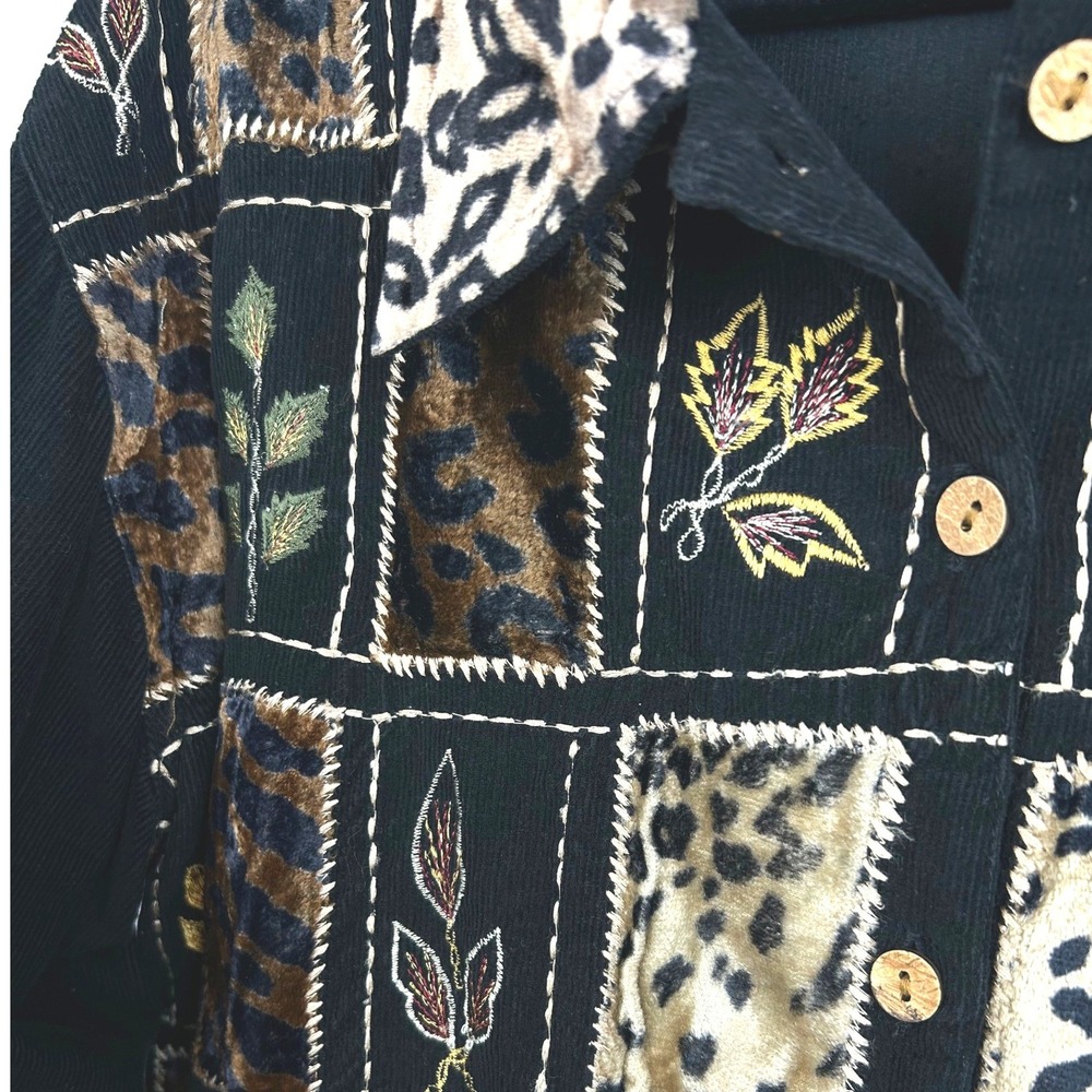 TanTrums Womens Corduroy Patchwork Animal Print Embroidered Jacket Black Large - Picture 5 of 6
